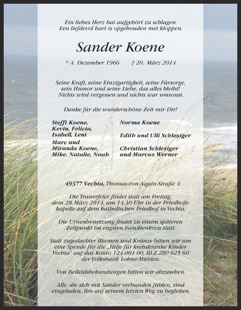  Traueranzeige für Sander Koene vom 22.03.2014 aus OM-Medien